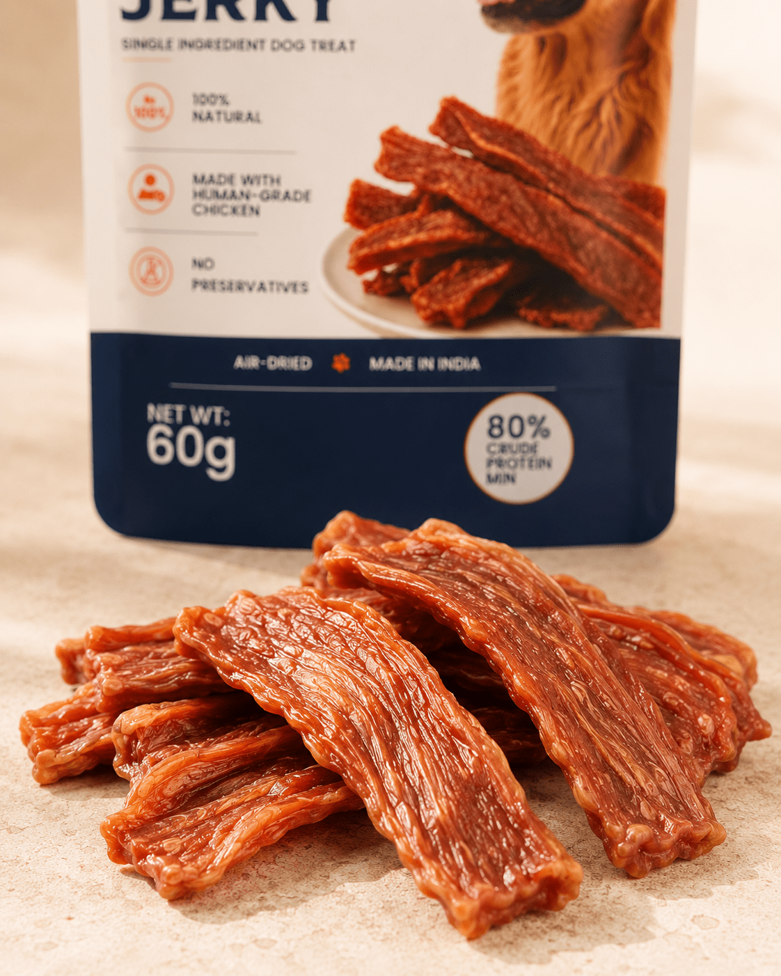 Premium air-dried chicken jerky dog treats with furrfinds packaging in the background
