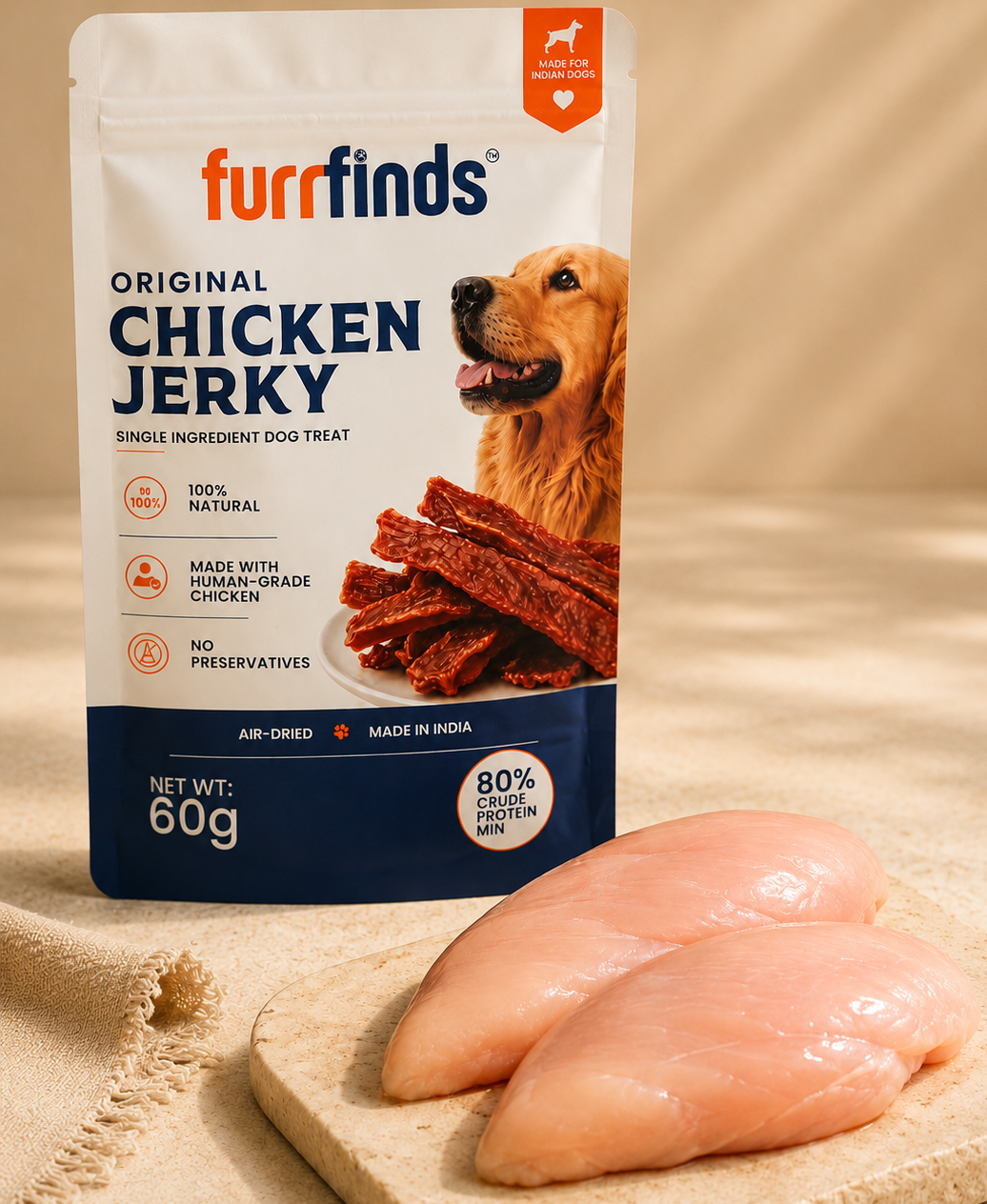 Furrfinds Original Chicken Jerky packaging with raw chicken breasts on a beige background