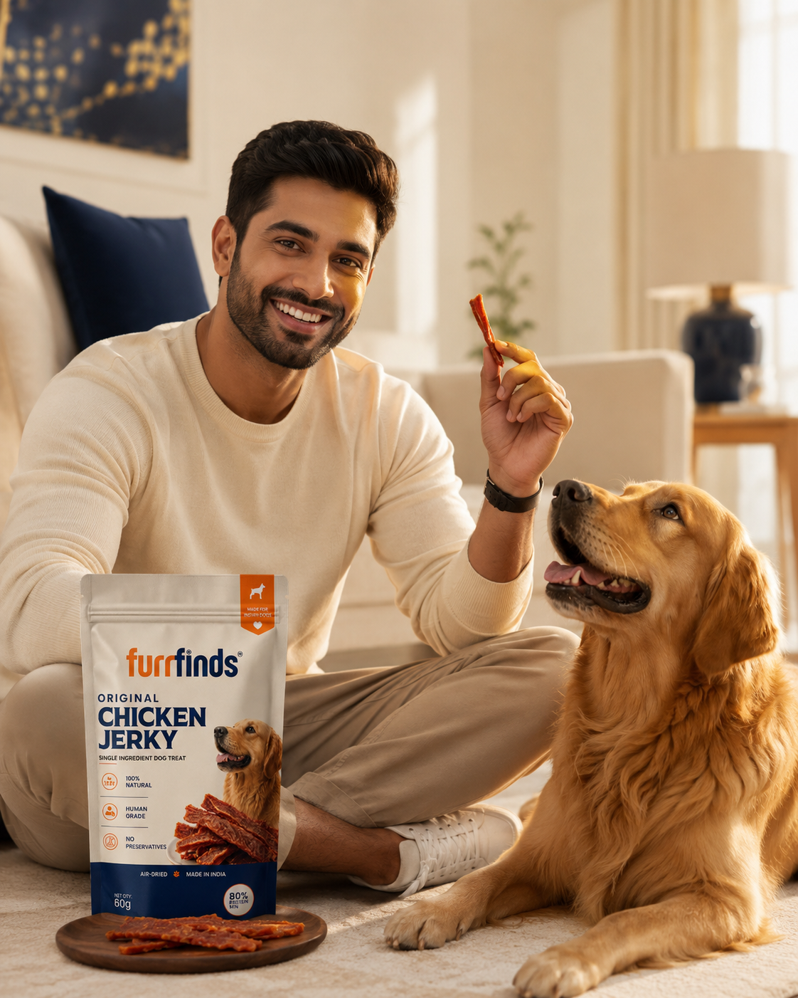 Man holding a bag of Furfinds Original Chicken Jerky with a golden retriever in a living room.

