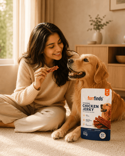 Pet parent rewarding her dog with furrfinds natural chicken jerky dog treats