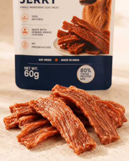 Premium air-dried chicken jerky dog treats with furrfinds packaging in the background