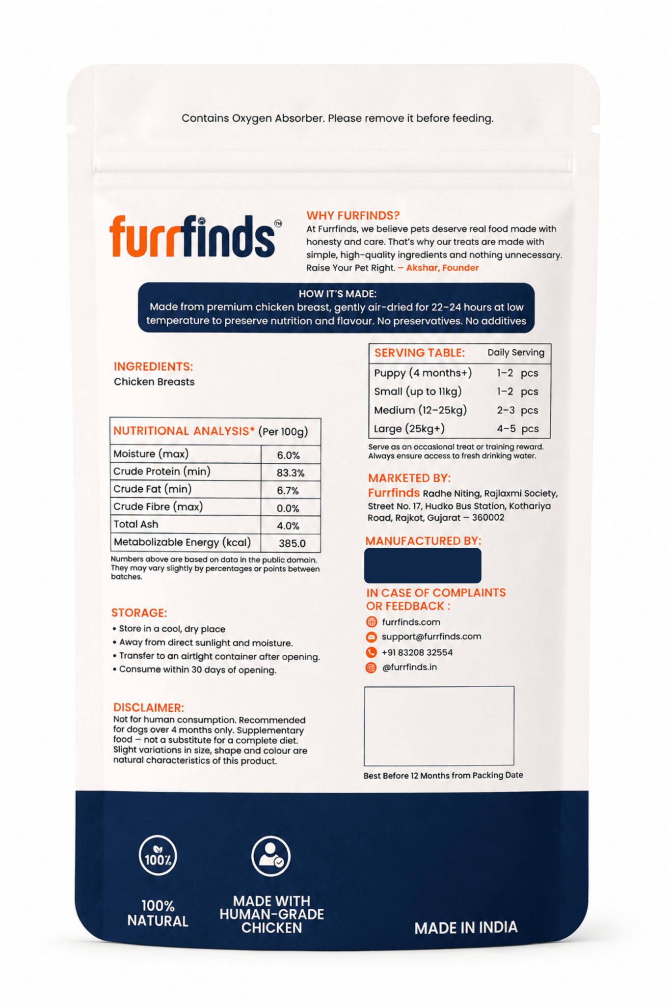 Back of furrfinds Original Chicken Jerky showing ingredients, nutrition facts, and feeding guidelines