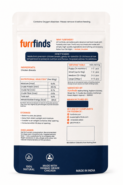 Back of furrfinds Original Chicken Jerky showing ingredients, nutrition facts, and feeding guidelines