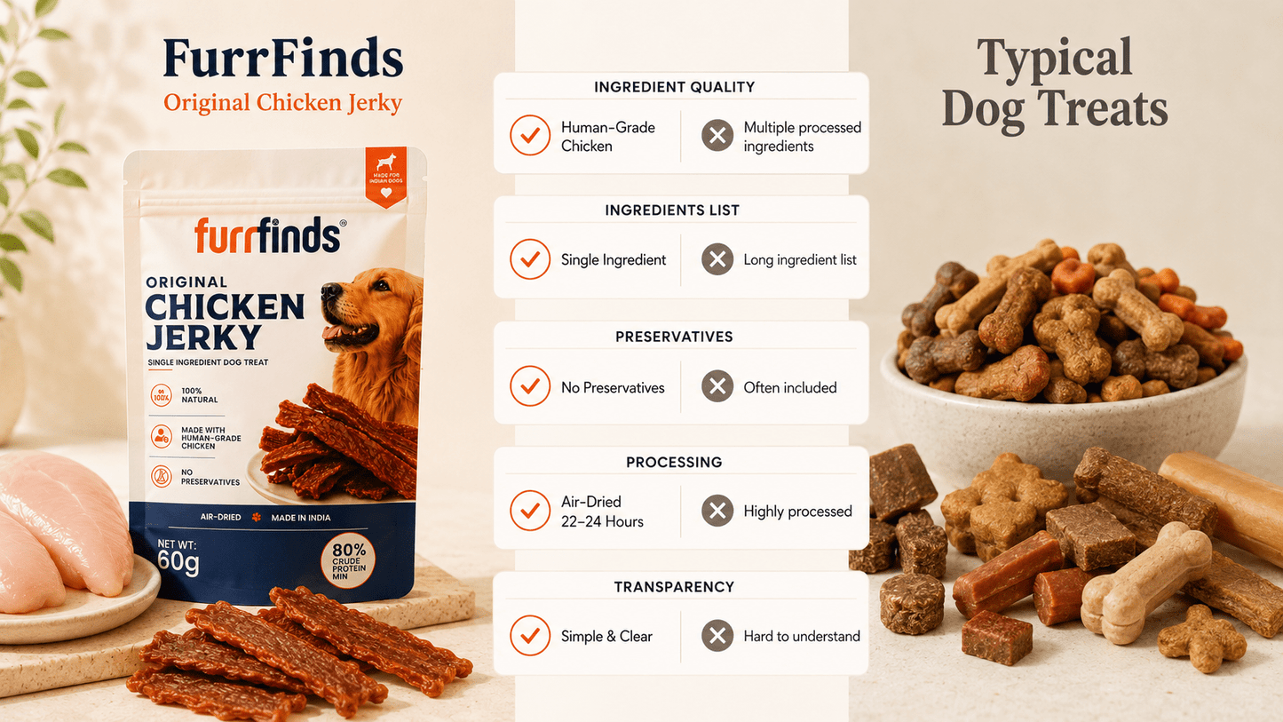 furrfinds chicken jerky compared to typical dog treats with cleaner ingredients and no preservatives