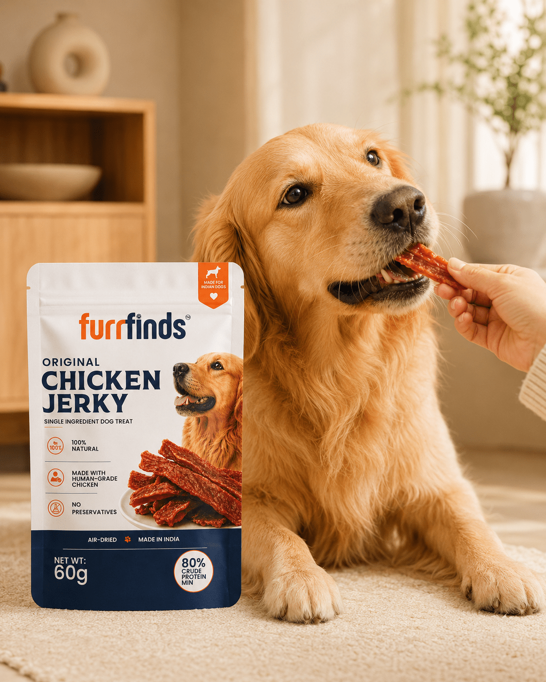 Happy dog chewing furrfinds single ingredient chicken jerky dog treat