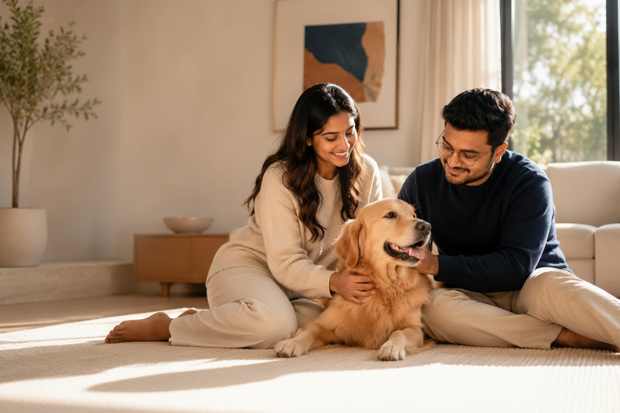 furrfinds Couple sitting on the floor with a golden retriever in a living room.